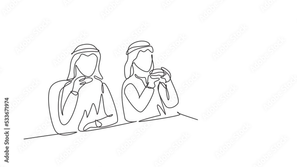 Self drawing animation of single line draw Arabian men together. Friends eating fast food meal in restaurant. People sitting and having dinner hamburgers. Continuous line draw. Full length animated. Self drawing animation of single line draw Arabian men together. Friends eating fast food meal in restaurant. People sitting and having dinner hamburgers. Continuous line draw. Full length animated.