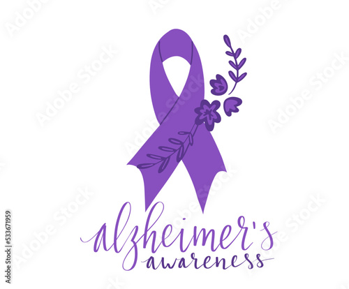 Alzheimers awareness month Novermber handwritten lettering. Purple support ribbon. Web banner vector