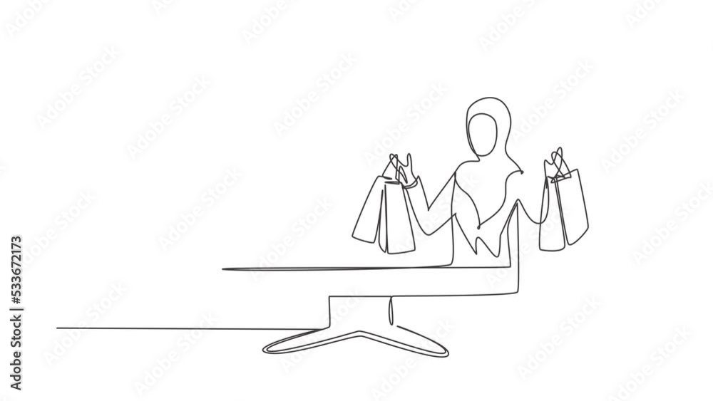 Animated self drawing of single continuous line draw young Arab woman coming out of monitor screen holding shopping bags. Digital lifestyle and consumerism concept. Full length one line animation. Animated self drawing of single continuous line draw young Arab woman coming out of monitor screen holding shopping bags. Digital lifestyle and consumerism concept. Full length one line animation.