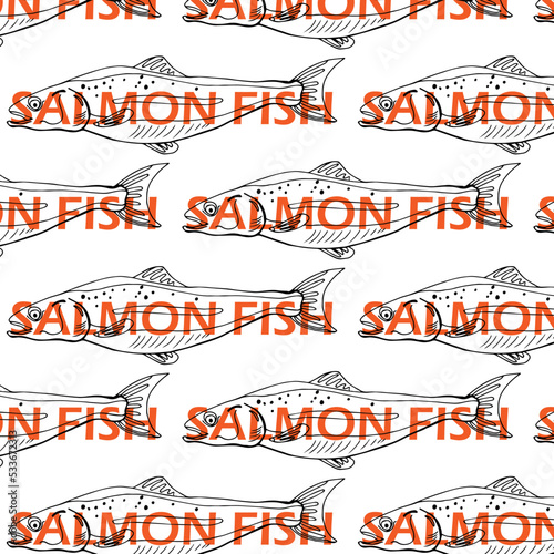 Sea fish doodle for pattern. Salmon swims to spawn up river. Seamless print with chum salmon. Restaurant sushi menu design, health food store. Illustration in theme of tourism, national park, fishing.