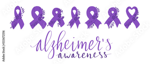 Alzheimers awareness month Novermber handwritten lettering. Purple support ribbon. Web banner vector