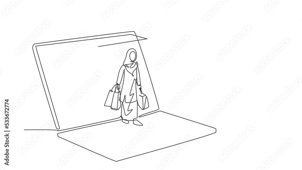 Animated self drawing of continuous line draw young Arabian woman coming out of canopy laptop screen holding shopping bags. Digital lifestyle and consumerism concept. Full length single line animation Animated self drawing of continuous line draw young Arabian woman coming out of canopy laptop screen holding shopping bags. Digital lifestyle and consumerism concept. Full length single line animation