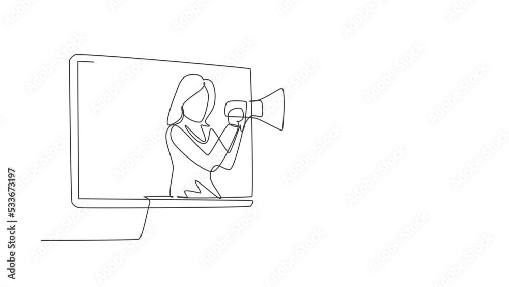 Animated self drawing of continuous line draw young woman coming out of ...