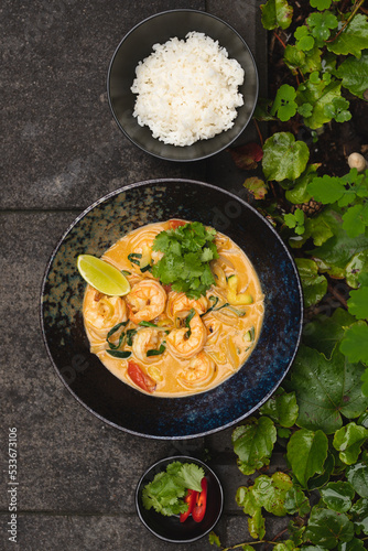 Asian cuisine. Shrimp with curry rice. Appetizing dish on a background of leaves and plants