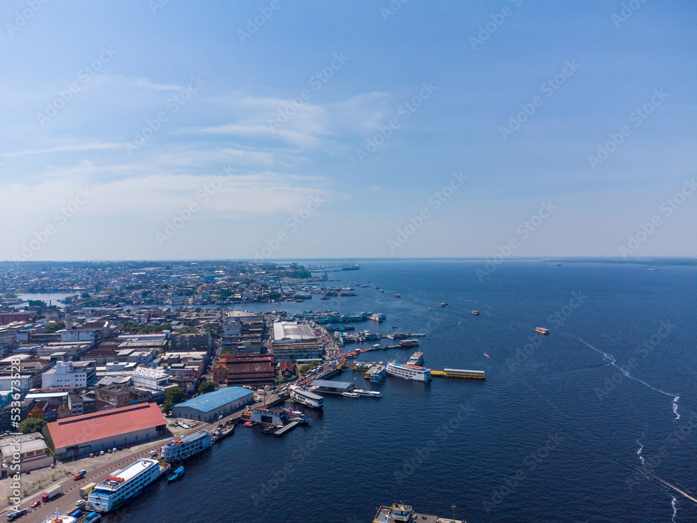 Aerial view of the city of Manaus in Amazonas state in Brazil from its main harbor area