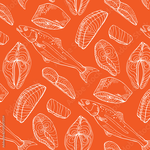 Top view of raw salmon steak isolated on blue background. Minimal concept. Flat lay. Seamless line pattern