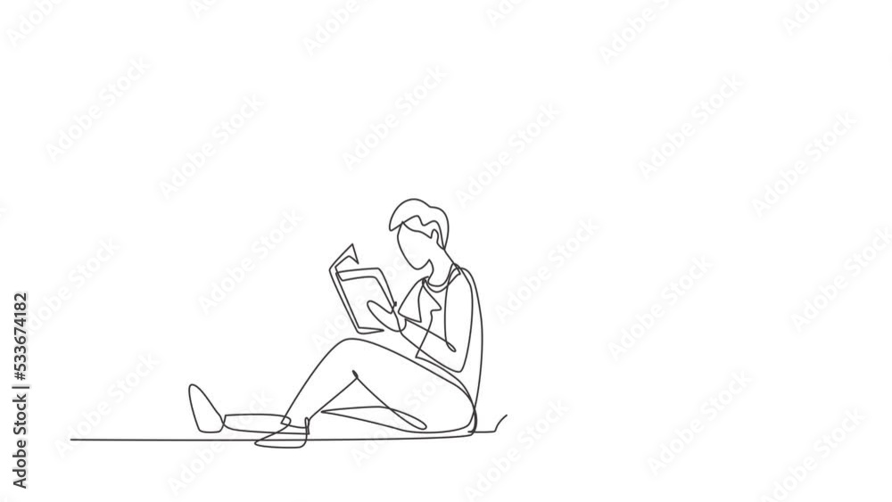 Animated self drawing of single continuous line draw couple students reading together, learning and sitting at park. Literature fans or lovers, education concept. Full length one line animation. Animated self drawing of single continuous line draw couple students reading together, learning and sitting at park. Literature fans or lovers, education concept. Full length one line animation.