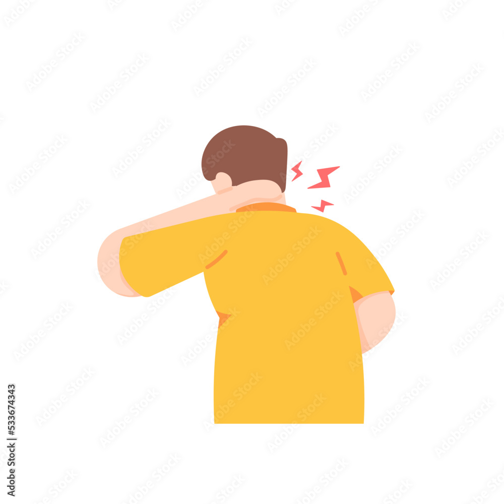 a man holds or massages the back of the neck due to pain and heat. symptoms of oblique neck disease, pinched nerves, spondylosis, meningitis, sprains. health problems. character illustration design a man holds or massages the back of the neck due to pain and heat. symptoms of oblique neck disease, pinched nerves, spondylosis, meningitis, sprains. health problems. character illustration design