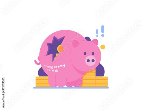emergency fund. breaking a piggy bank to take money because of a sudden or urgent situation or circumstance. spare money. problems and finances. concept illustration design. design elements