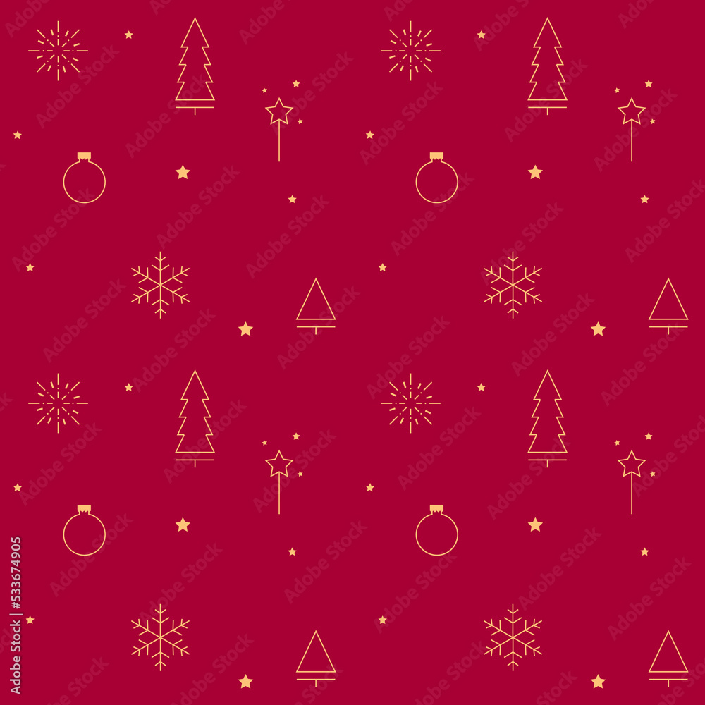 Seamless Christmas pattern, New year's background of snowflakes, Christmas trees, balls and stars