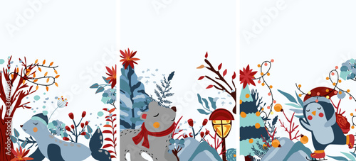 Winter composition with cute polar bear in a scarf, funny seal, penguin on skates, leaves, tree and other. Winter polar animal. Perfect for greeting cards, poster, postcard, banner. Vector.