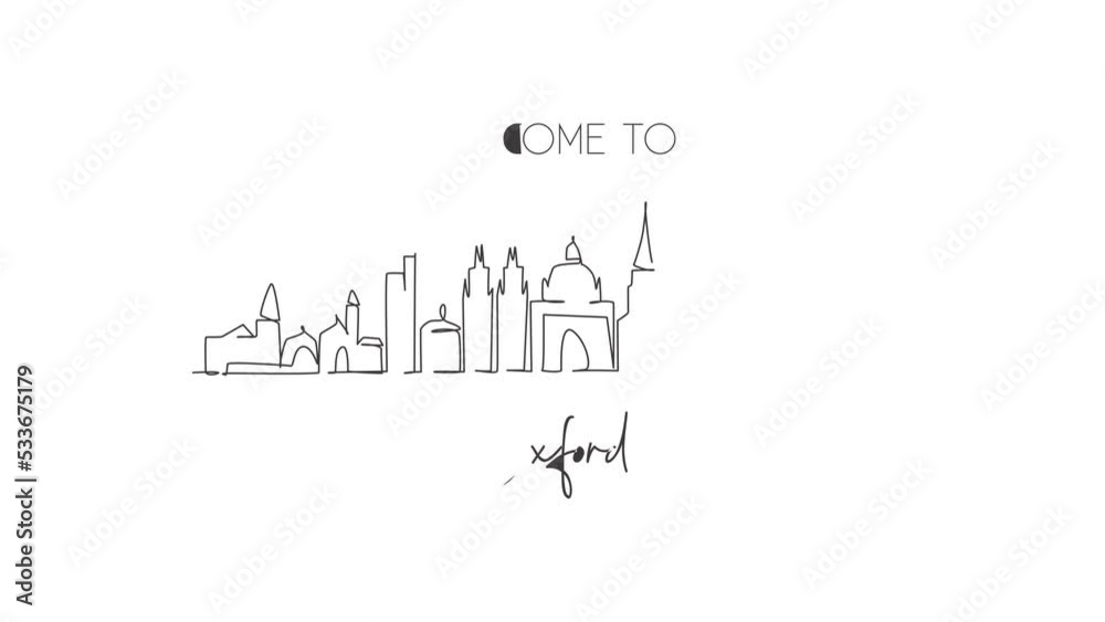 Animated self drawing of continuous line draw Oxford skyline, England. Famous city scraper landscape gallery. World travel home wall decor art poster print concept. Full length one line animation Animated self drawing of continuous line draw Oxford skyline, England. Famous city scraper landscape gallery. World travel home wall decor art poster print concept. Full length one line animation