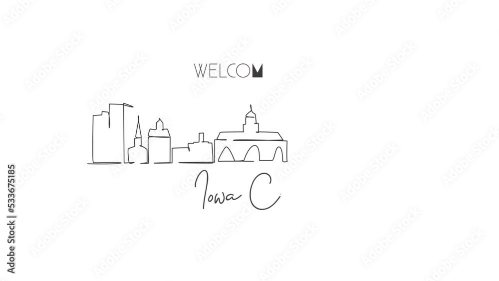 Animated self drawing of continuous one line draw Iowa City skyline. Beautiful landmark gallery artwork. World landscape tourism travel wall decor poster print art. Full length single line animation Animated self drawing of continuous one line draw Iowa City skyline. Beautiful landmark gallery artwork. World landscape tourism travel wall decor poster print art. Full length single line animation