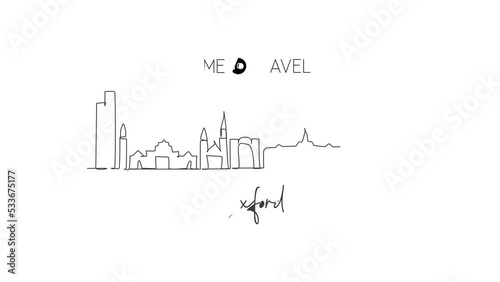 Animated self drawing of single continuous line draw Oxford skyline, Ohio. Famous city scraper landscape gallery. World travel home wall decor art poster print concept. Full length one line animation photo