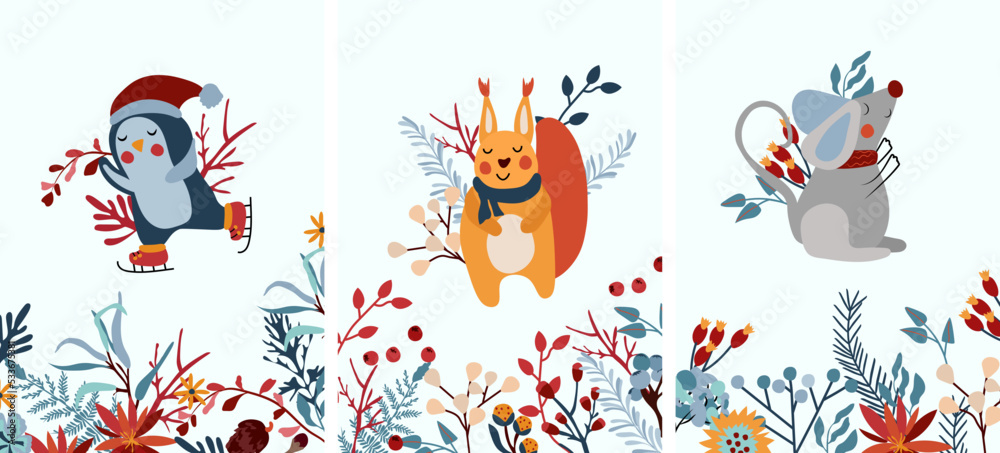 Winter background with arctic penguin on skates, funny squirrel, cute mouse in a scarf, leaves, flowers and other. Winter compositions. Perfect for greeting cards, poster, postcard, banner. Vector. Winter background with arctic penguin on skates, funny squirrel, cute mouse in a scarf, leaves, flowers and other. Winter compositions. Perfect for greeting cards, poster, postcard, banner. Vector.