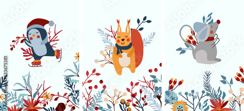 Winter background with arctic penguin on skates  funny squirrel  cute mouse in a scarf  leaves  flowers and other. Winter compositions. Perfect for greeting cards  poster  postcard  banner. Vector.