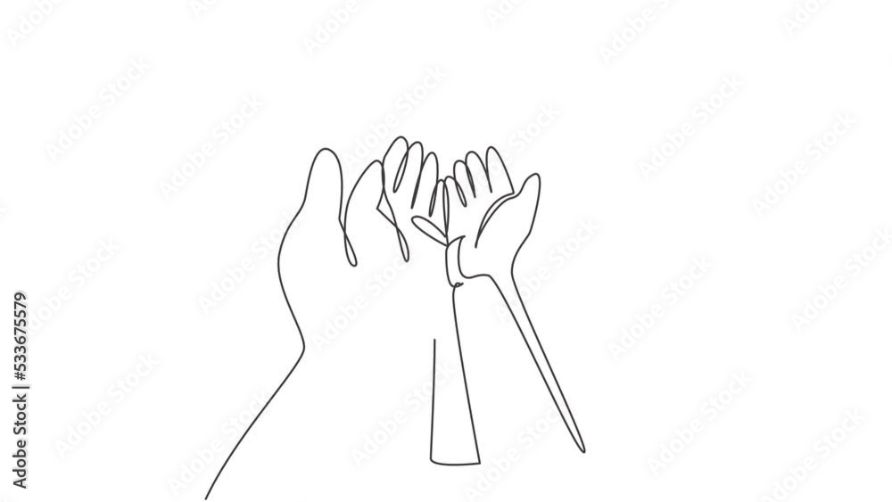 Animated self drawing of single continuous line draw baby hand. Close up of baby hands into mother hands. Tiny Newborn Baby's and female hands. Mom and her child. Full length one line animation