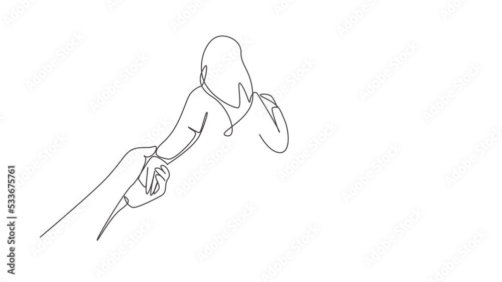 Animated self drawing of continuous line draw woman holding man hand while leading him on nature outdoor. Couple in love. and promise to be faithful to each other. Full length one line animation