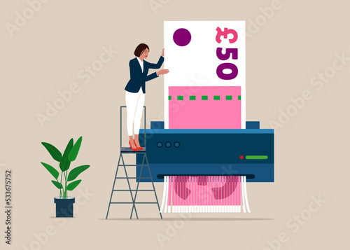 Businesswoman hand feed pulling sterling banknote money into shredder to destroy losing all his wealth. Money shred bad investment, scam,  causing losing money. Flat vector illustration.