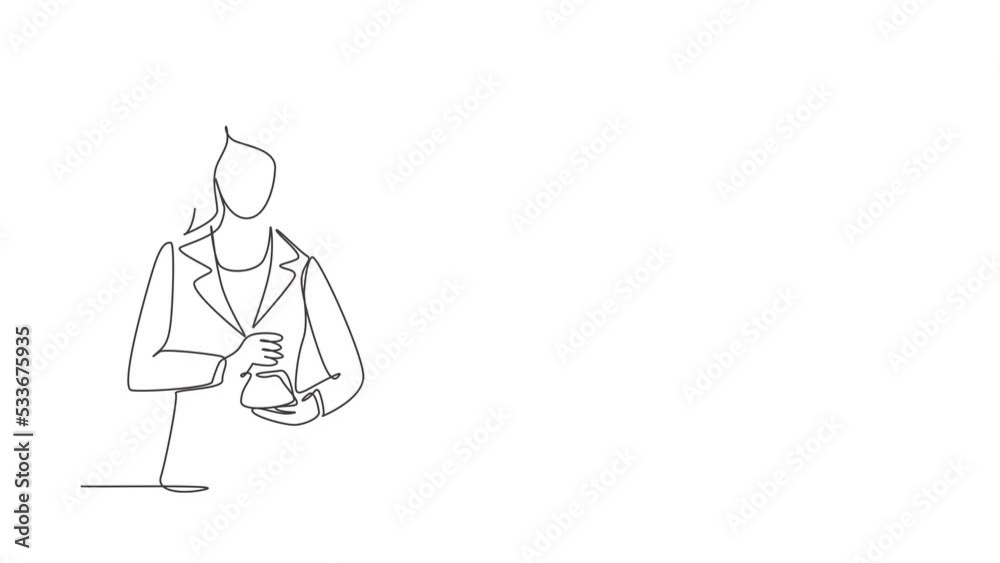 Animated self drawing of continuous line draw young businesswoman wearing blazer holding golden trophy with both hands. Symbol of achievement business performance. Full length single line animation Animated self drawing of continuous line draw young businesswoman wearing blazer holding golden trophy with both hands. Symbol of achievement business performance. Full length single line animation