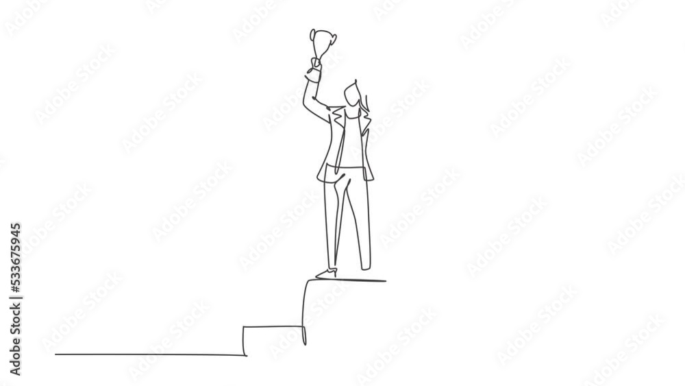 Animated self drawing of single continuous line draw young businesswoman wearing blazer lifting golden trophy with one hand on podium. Celebrating business performance. Full length one line animation Animated self drawing of single continuous line draw young businesswoman wearing blazer lifting golden trophy with one hand on podium. Celebrating business performance. Full length one line animation