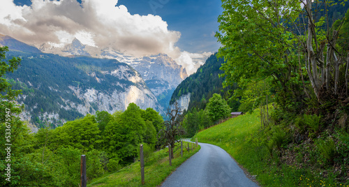 Obraz na płótnie alpine landscape with road in Lauterbrunnen in Switzerland w salonie