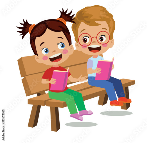 cute happy kids reading book