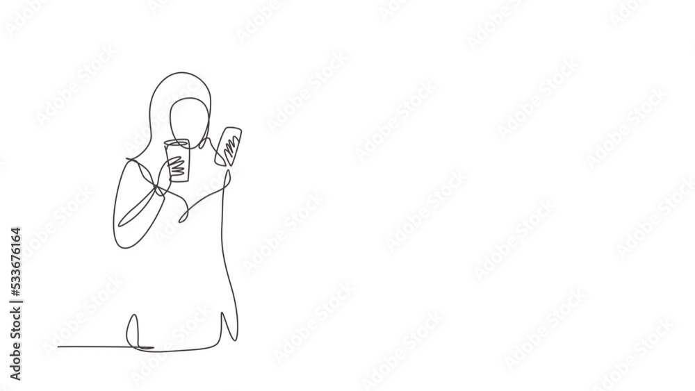 Animated self drawing of continuous one line draw smiling Arabian woman looking at mobile phone and holding glass of orange juice while having breakfast at cozy home. Full length single line animation Animated self drawing of continuous one line draw smiling Arabian woman looking at mobile phone and holding glass of orange juice while having breakfast at cozy home. Full length single line animation