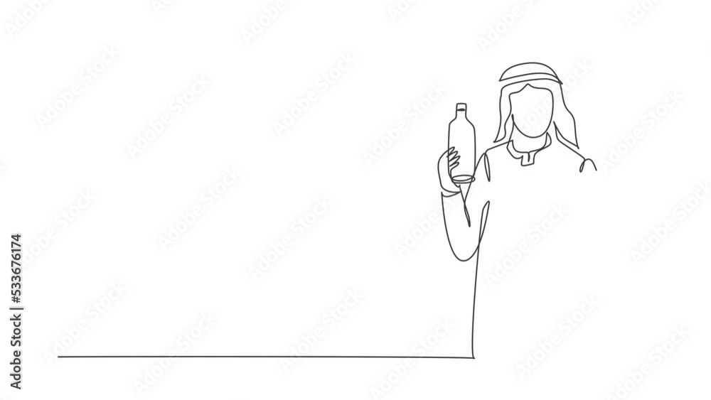 Animated self drawing of single continuous line draw young Arab man holding bottle in one hand and glass of orange juice in the other while having breakfast at home. Full length one line animation Animated self drawing of single continuous line draw young Arab man holding bottle in one hand and glass of orange juice in the other while having breakfast at home. Full length one line animation