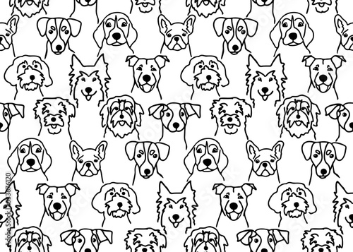 Seamless pattern with black outline doodle dogs faces. Cute dog head sketches background.