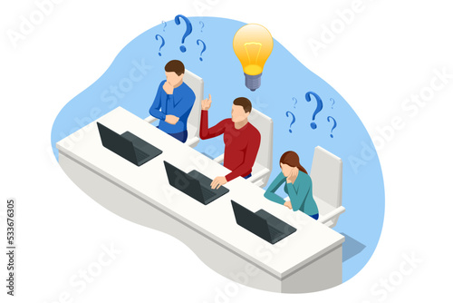 Isometric FAQ Frequently Asked Questions Concept. Woman and Man Ask Questions and receive Answers. Business People Asking Wuestions Around a Huge Question Mark.