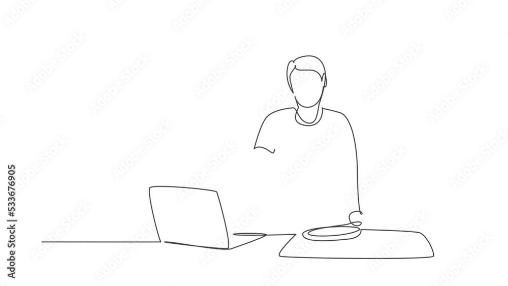 Animated self drawing of single continuous line draw man cooking dinner has video call conversation in kitchen. Male talking with friend using application on laptop. Full length one line animation Animated self drawing of single continuous line draw man cooking dinner has video call conversation in kitchen. Male talking with friend using application on laptop. Full length one line animation
