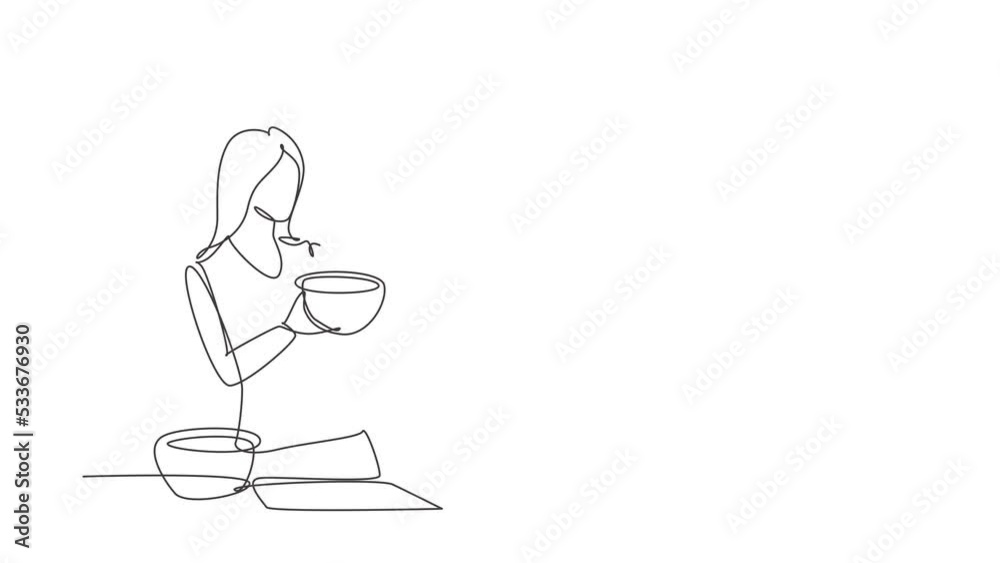 Animated self drawing of continuous line draw housewife taking selfie or making video call using her smartphone while cooking fresh salad. Healthy food concept. Full length single line animation Animated self drawing of continuous line draw housewife taking selfie or making video call using her smartphone while cooking fresh salad. Healthy food concept. Full length single line animation