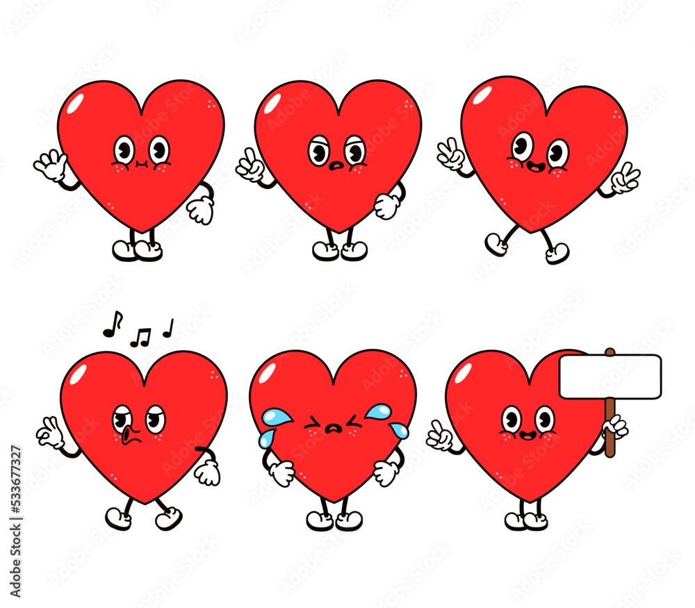 Funny cute heart characters bundle set. Vector hand drawn doodle style ...