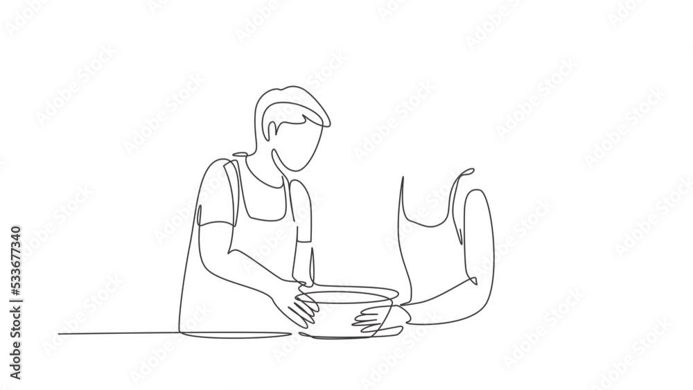 Animated self drawing of single continuous line draw happy romantic couple knead cake dough using manual hand mixer. Enjoying kneading cake dough together at home. Full length one line animation