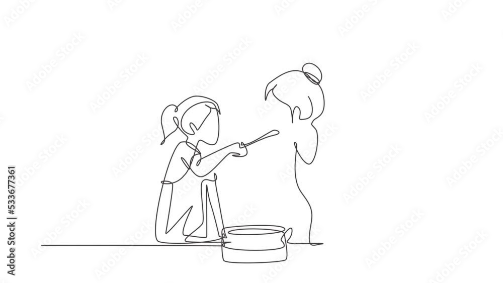 Self drawing animation of single one line draw happy mother tasting food given by her beautiful daughter. Cooking for lunch together in cozy kitchen at home. Continuous line draw. Full length animated Self drawing animation of single one line draw happy mother tasting food given by her beautiful daughter. Cooking for lunch together in cozy kitchen at home. Continuous line draw. Full length animated