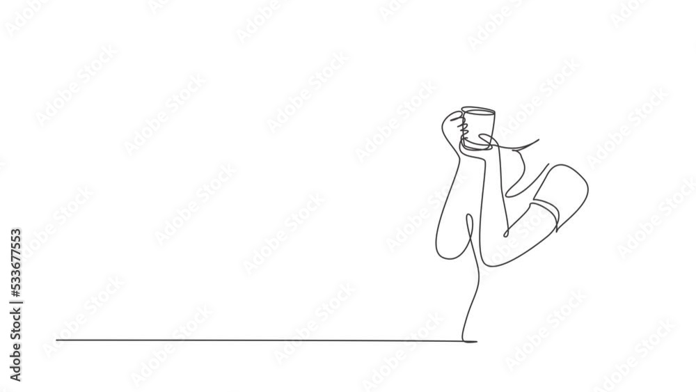 Animated self drawing of single continuous line draw young woman kissing cup in happy mood. Photo session to introduce the latest beverage products in the studio. Full length one line animation Animated self drawing of single continuous line draw young woman kissing cup in happy mood. Photo session to introduce the latest beverage products in the studio. Full length one line animation