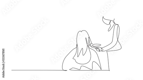 Self drawing animation of single line draw model sitting, hairstyling in salon. Wearing cape for hairdressing. Girl having dark, long, glancy. Hairdresser using hair flatter. Full length animated photo