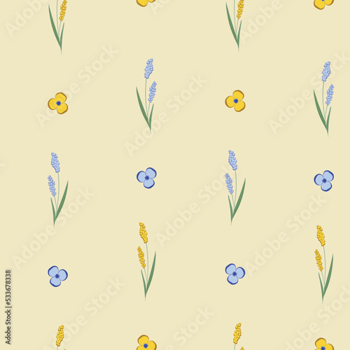 Vector seamless pattern with delicate wild flowers on yellow