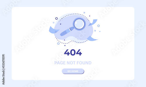 Page not found banner template. Design template for web page with 404 error.  Flat illustration of magnifying glass icon