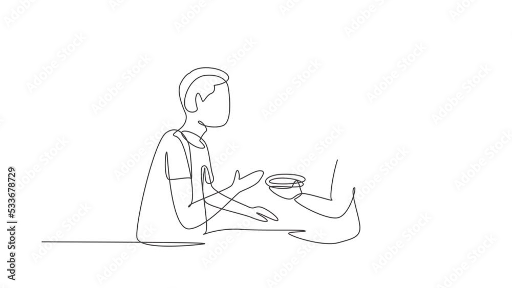 Animated self drawing of continuous line draw romantic woman feeds her husband. Happy couple having dinner together at restaurant. Celebrate wedding anniversaries. Full length single line animation Animated self drawing of continuous line draw romantic woman feeds her husband. Happy couple having dinner together at restaurant. Celebrate wedding anniversaries. Full length single line animation