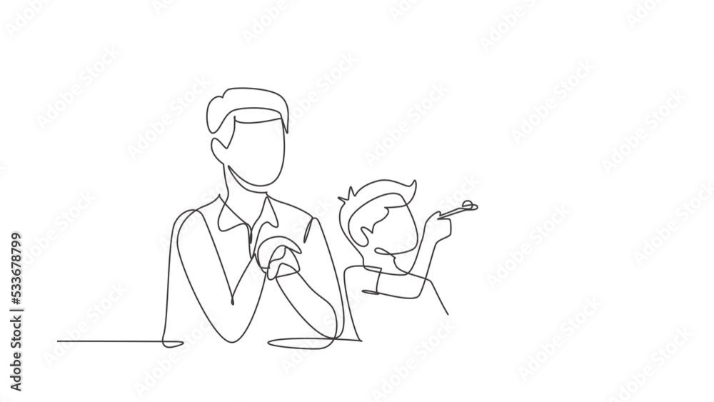Self drawing animation of single line draw family having fun together in modern restaurant. Boy feeds his mother with love. Happy little family concept. Continuous line draw. Full length animated Self drawing animation of single line draw family having fun together in modern restaurant. Boy feeds his mother with love. Happy little family concept. Continuous line draw. Full length animated