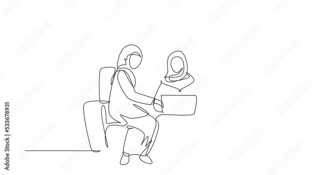 Animated self drawing of single continuous line draw two Arab woman with laptop sitting on sofa together. Freelance, distance learning, online courses, and studying. Full length one line animation Animated self drawing of single continuous line draw two Arab woman with laptop sitting on sofa together. Freelance, distance learning, online courses, and studying. Full length one line animation
