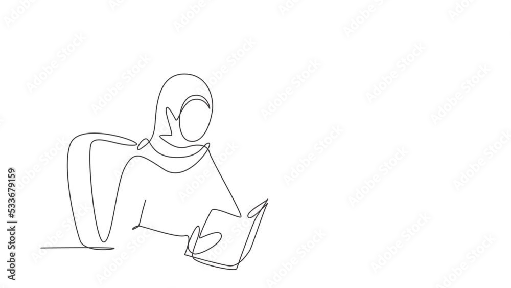 Animated self drawing of continuous line draw Arabian woman reading, learning and sitting on chair around table. Study in library. Smart student, education concept. Full length one line animation Animated self drawing of continuous line draw Arabian woman reading, learning and sitting on chair around table. Study in library. Smart student, education concept. Full length one line animation