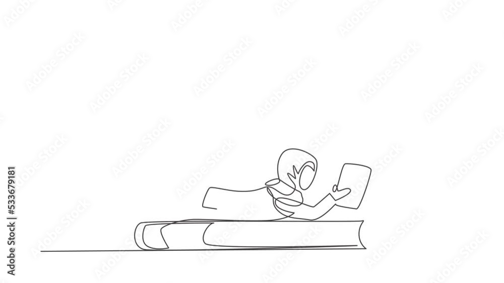 Self drawing animation of single line draw Arab little girl reading, learning and laying down on big book. Study at home. Smart student, education concept. Continuous line draw. Full length animated Self drawing animation of single line draw Arab little girl reading, learning and laying down on big book. Study at home. Smart student, education concept. Continuous line draw. Full length animated