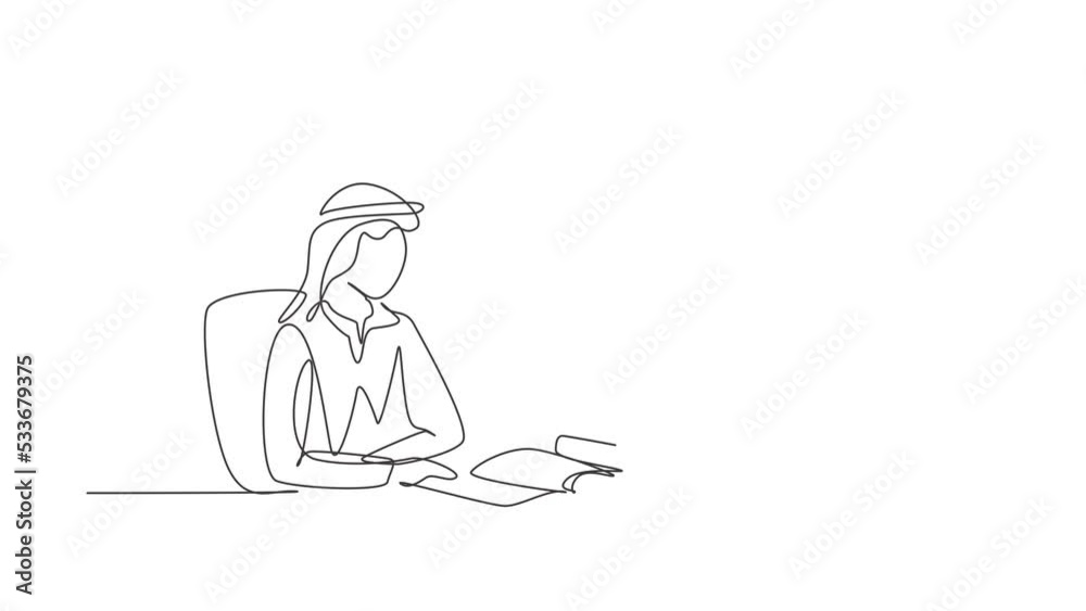 Animated self drawing of continuous line draw young Arab male reading, learning and sitting on chair around table. Study in library. Smart student, education concept. Full length single line animation Animated self drawing of continuous line draw young Arab male reading, learning and sitting on chair around table. Study in library. Smart student, education concept. Full length single line animation