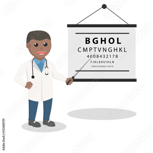 doctor African testing eye with  testing visual board design character on white background