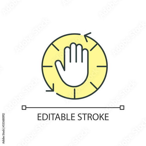 Stop and wait RGB color icon. Warning signal. Waiting time. Delay operation. Precaution. Stay aware. Isolated vector illustration. Simple filled line drawing. Editable stroke. Arial font used