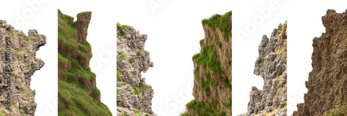 cliffs isolated, collection of mountain edges on white background photo