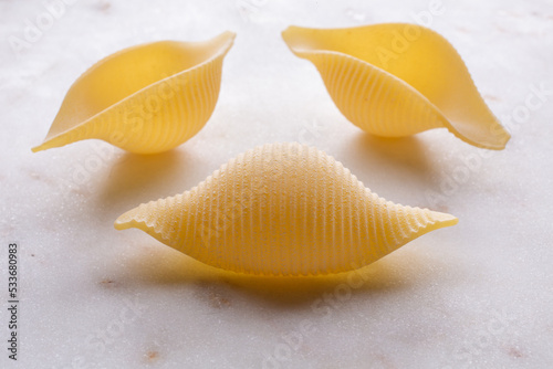 small composition of durum wheat pasta on white marble background